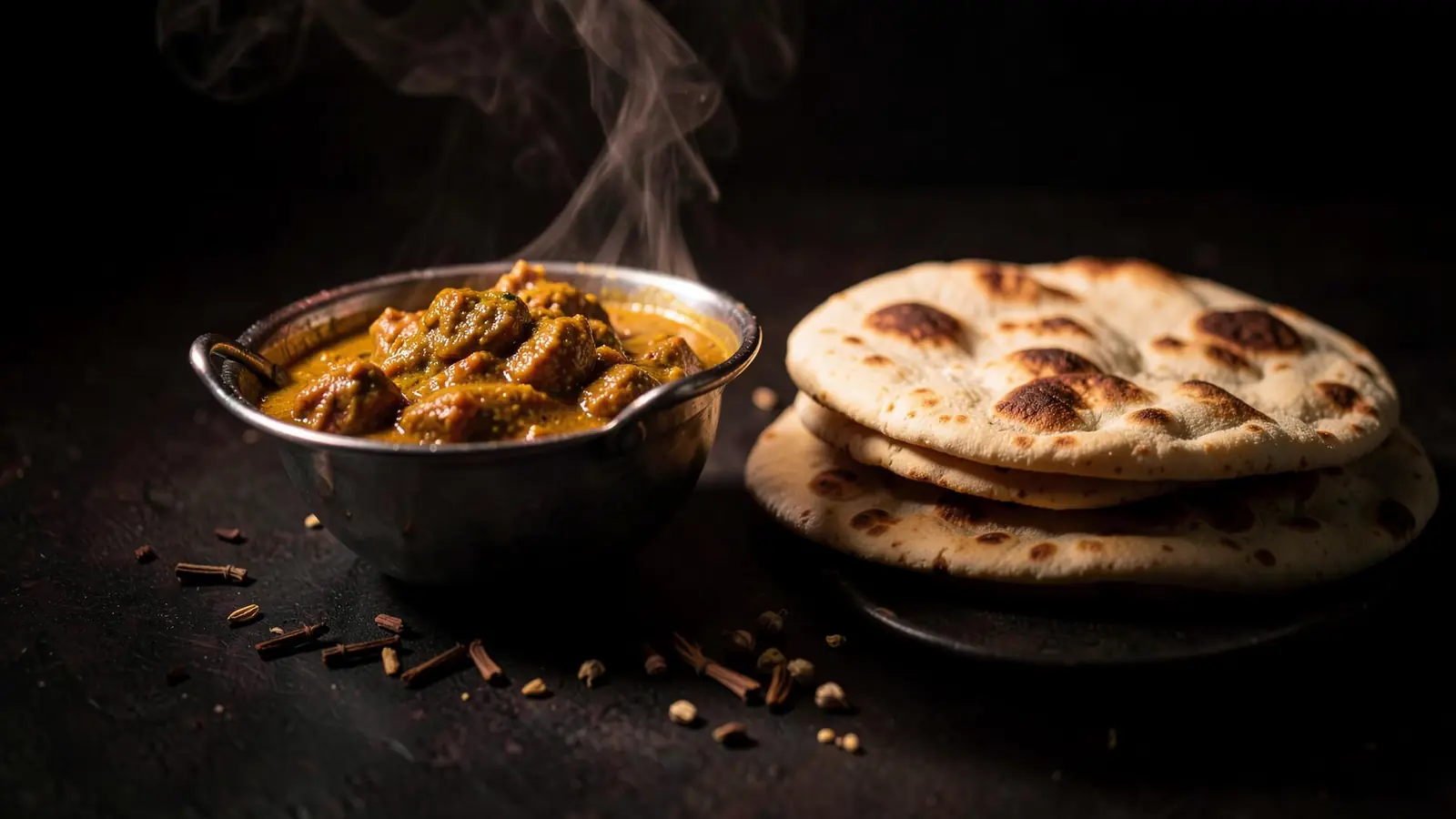 Lamb curry in a steel bowl beside a stack of rotis with whole spices scattered on a dark table
